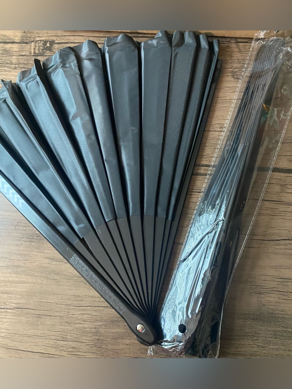 Black Folding Hand Fan set of 2 oversized fan black umbrella material - Picture 4 of 4